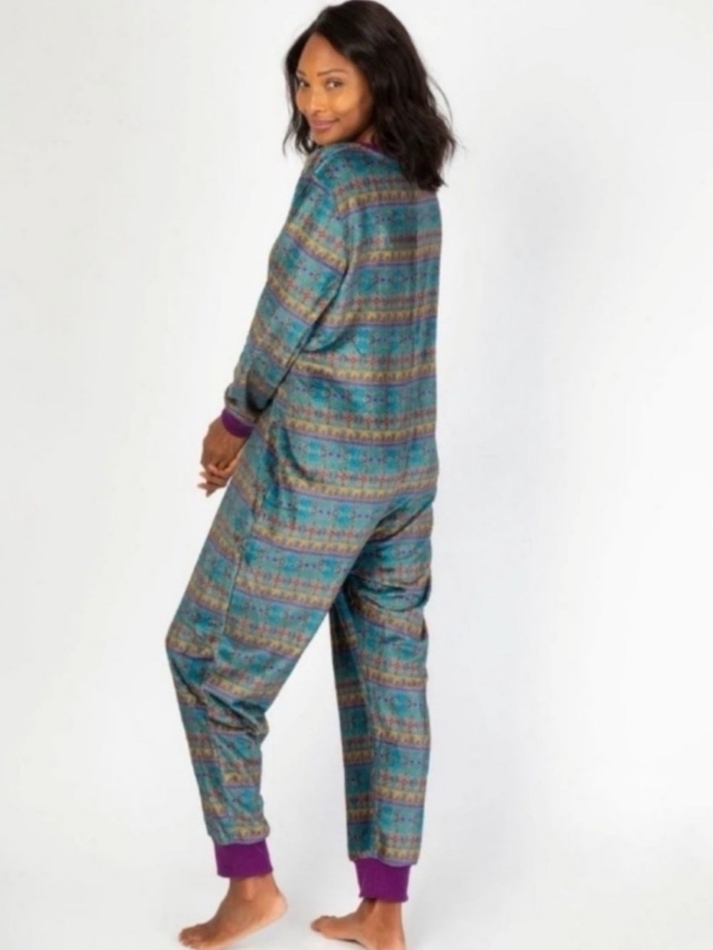 🌿 Natural Life Fair Isle Fleece One-Piece Pajama Jumpsuit Green Boho Zip Size M